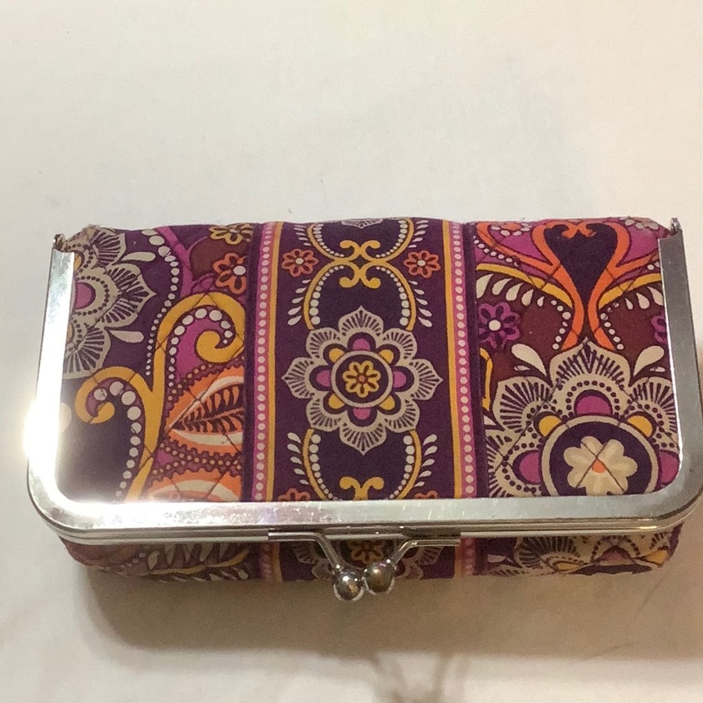 Vera Bradley purple and orange makeup case with kiss lock closure